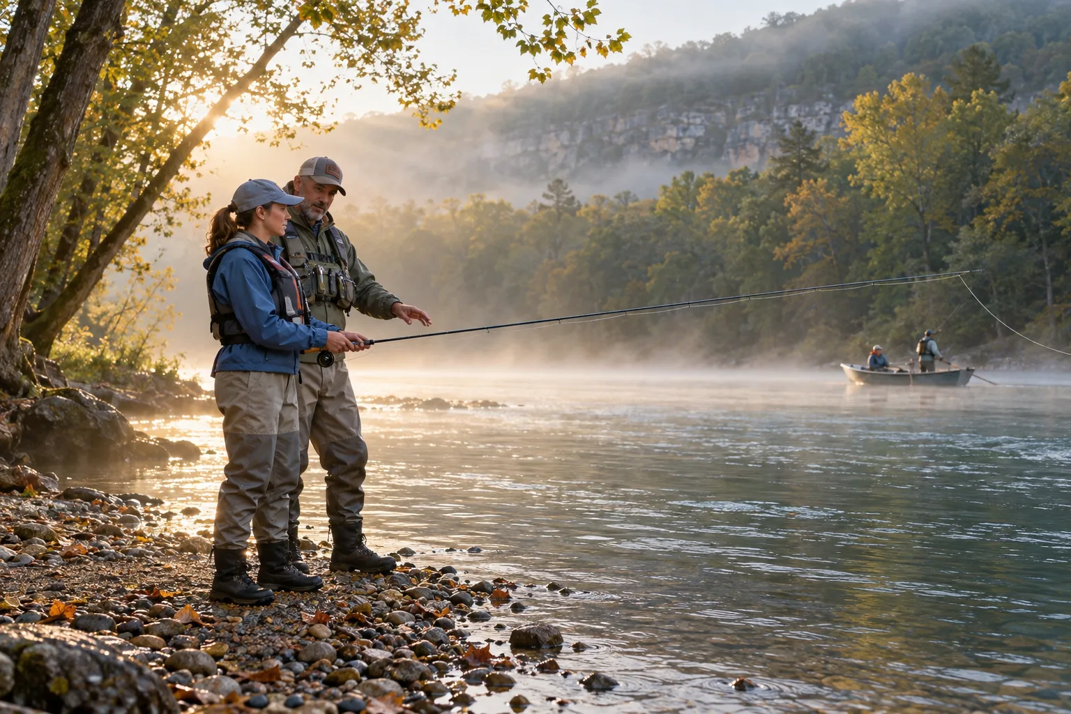 A guide helping a beginner hold a fly rod on a gravel bank