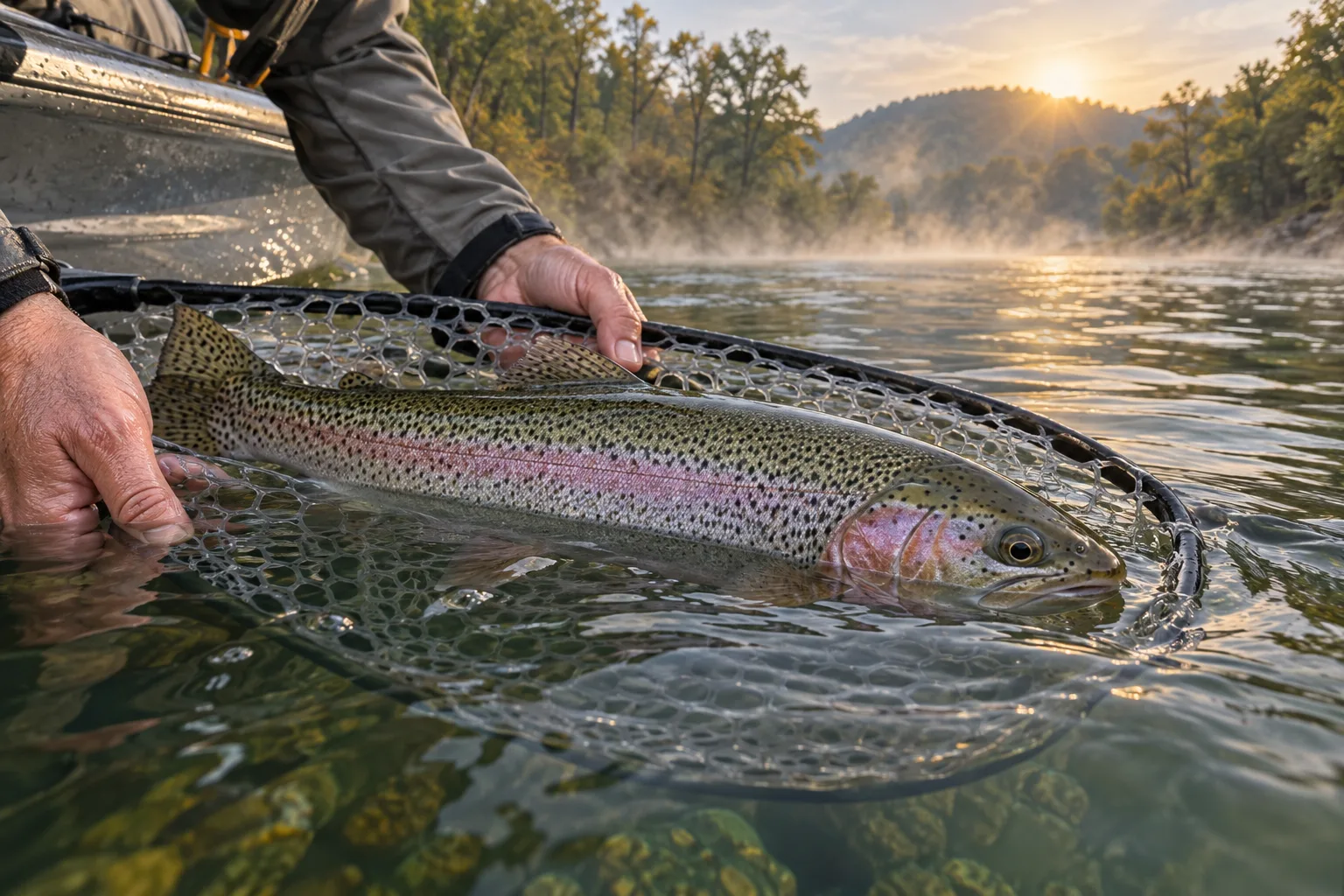 A rainbow trout in a rubber net touching the river surface, supported by wet hands