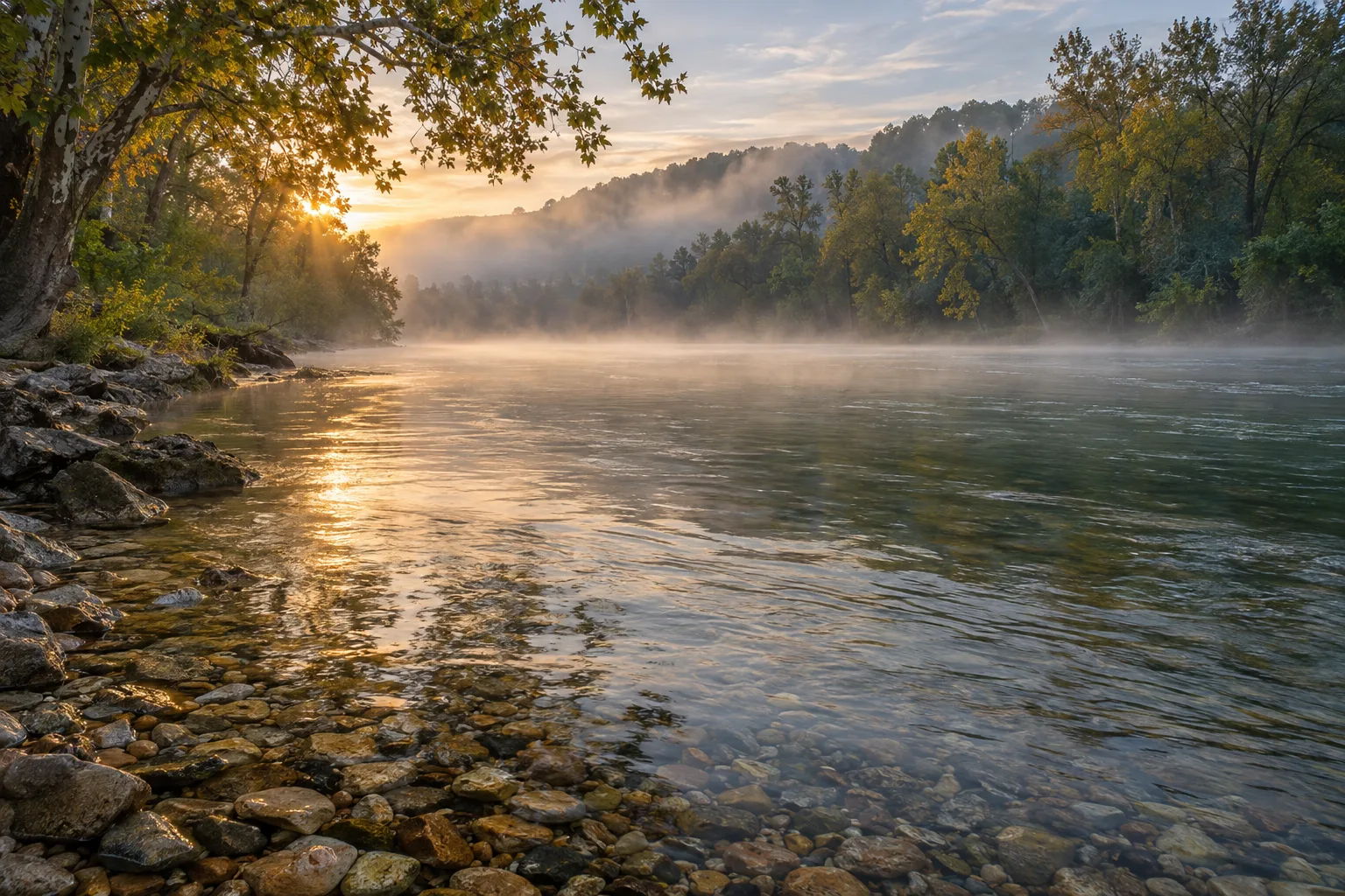 Morning mist above clear Norfork gravel shallows