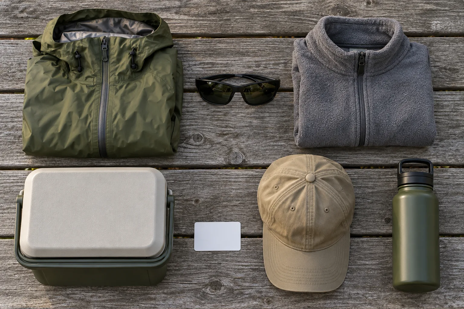 Overhead flat lay of rain shell, sunglasses, fleece, cooler, blank permit card, cap and bottle