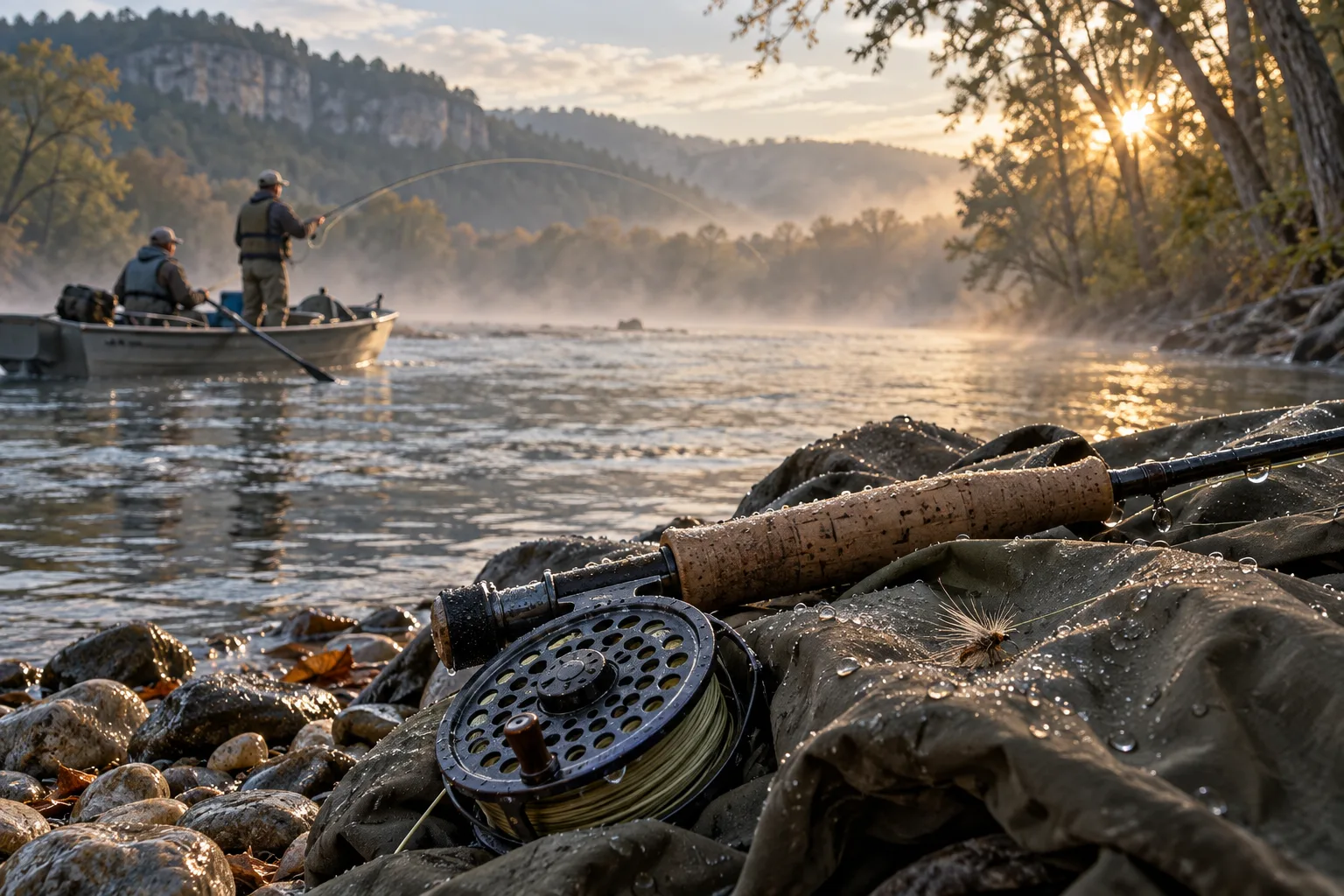 Fly reel and cork grip resting on canvas beside the river