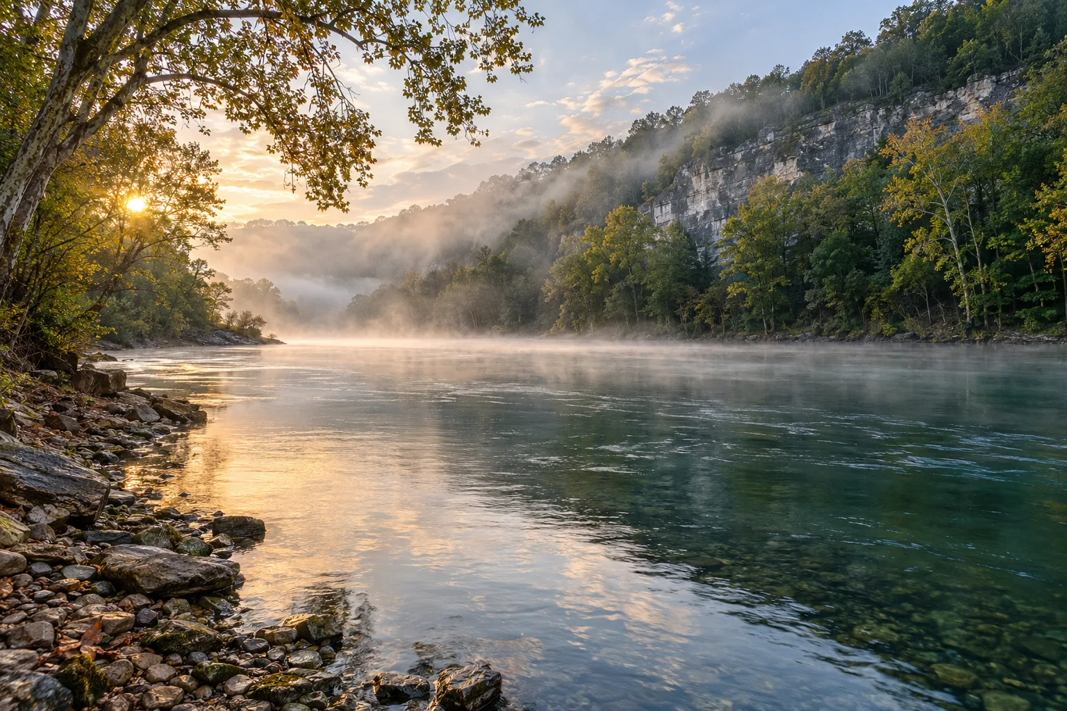 Sunrise on a quiet river bend beneath a limestone bluff