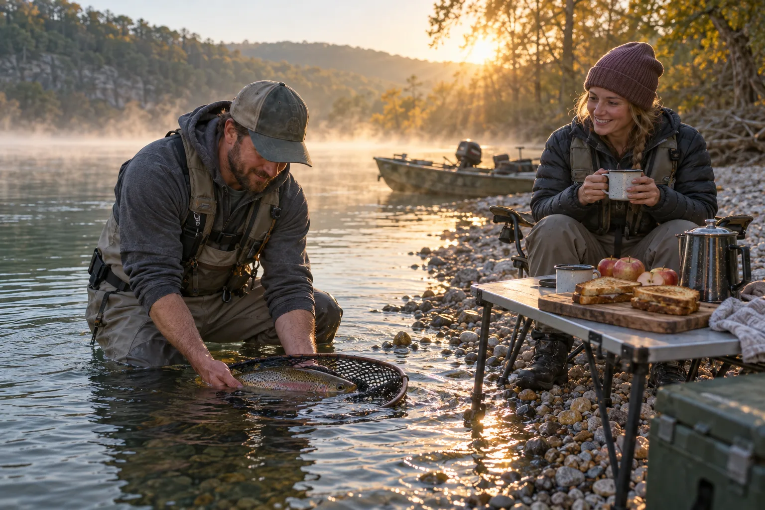 A sandwich lunch on a folding table beside a gravel riverbank