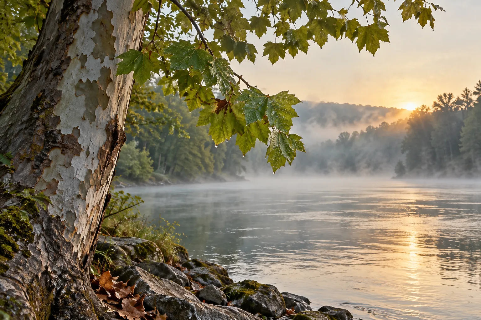 Sycamore bark and green leaves beside a misty river
