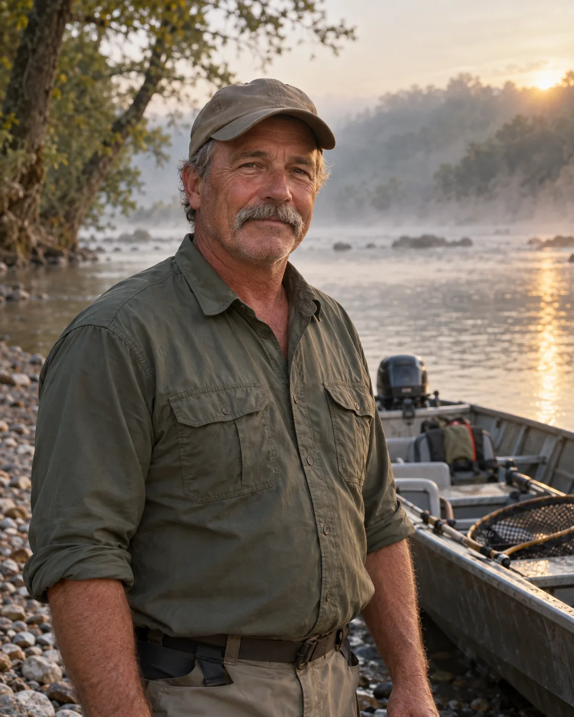 Travis Bell beside a jon boat at the misty riverbank