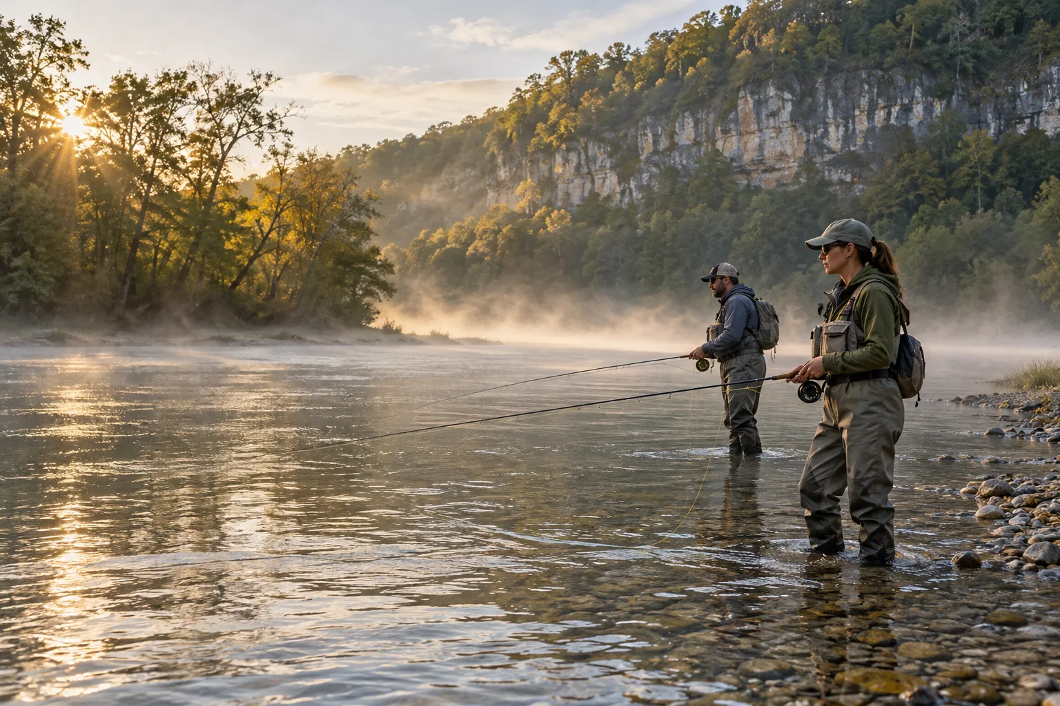 Two anglers with fly rods in shallow Norfork water