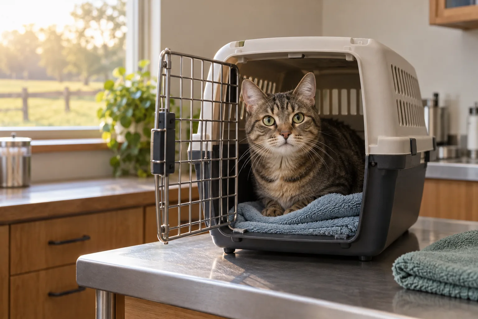 An open carrier with a cat and familiar towel
