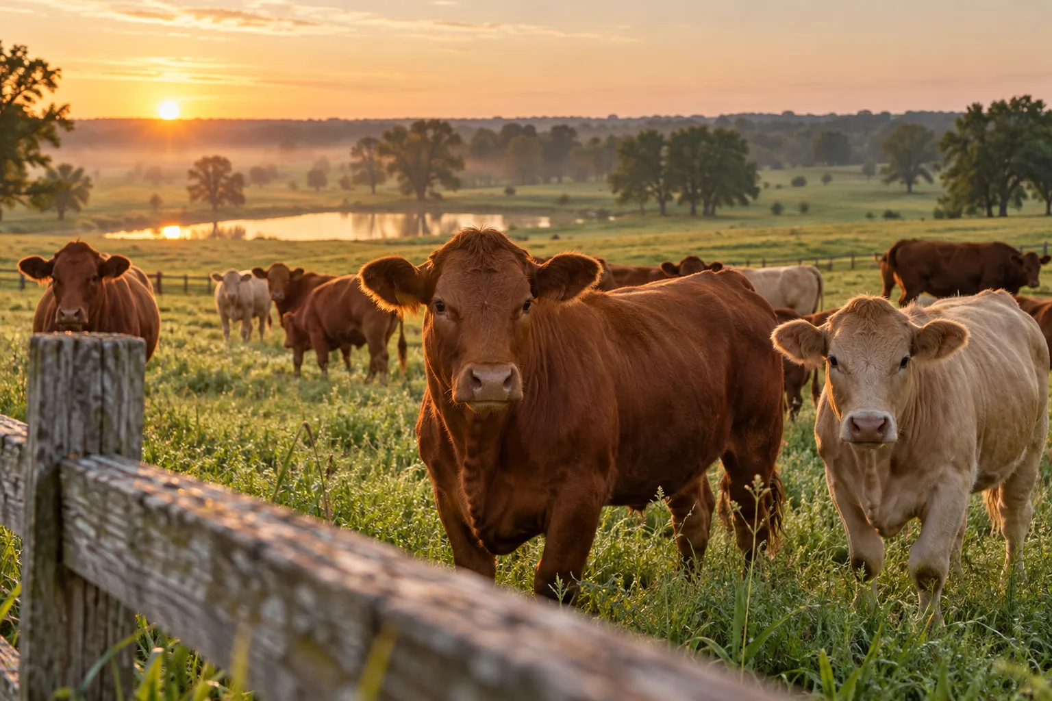 Healthy cattle beside a weathered fence in morning light