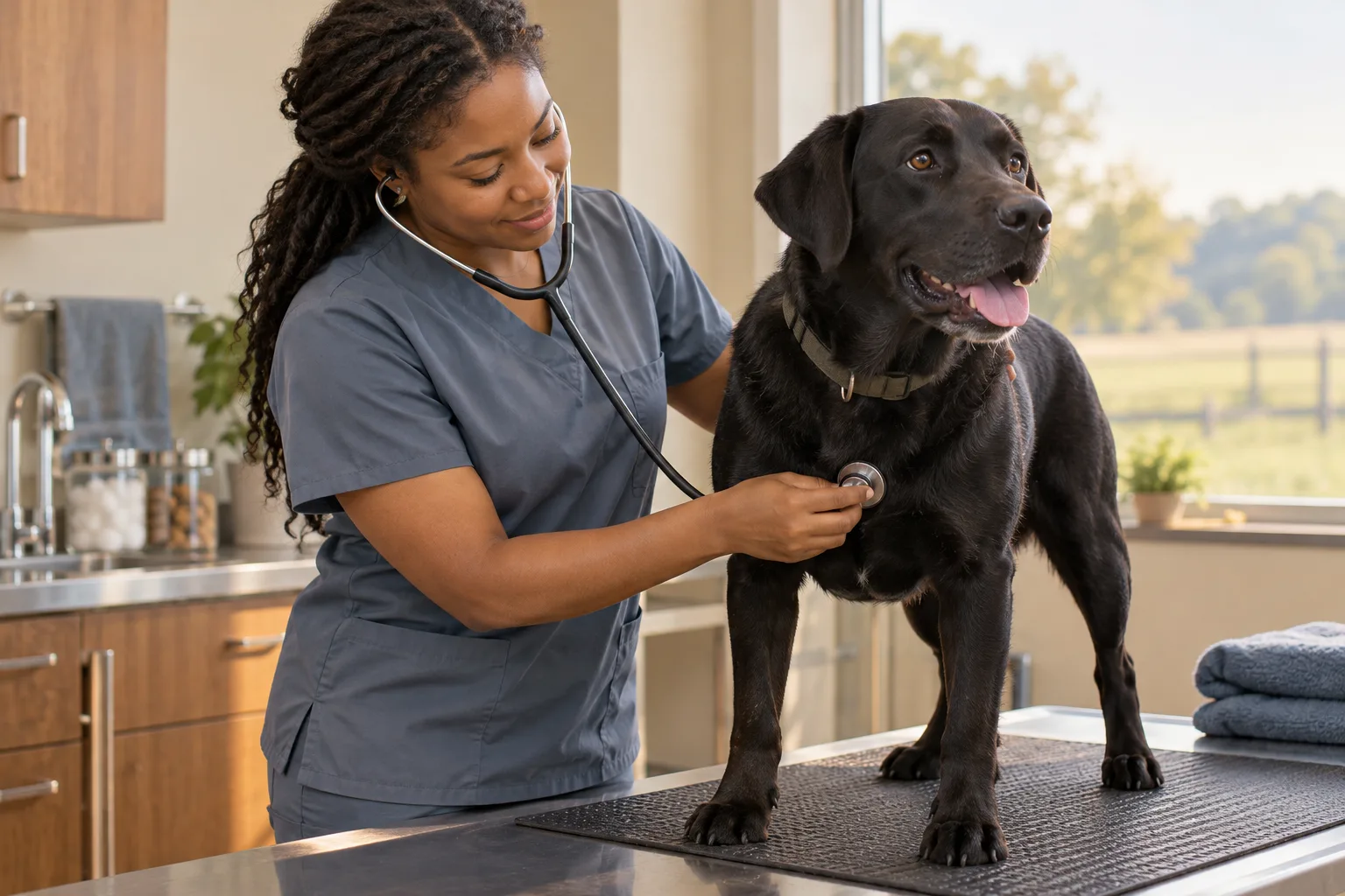 Dr. Price listening to a calm Labrador’s chest