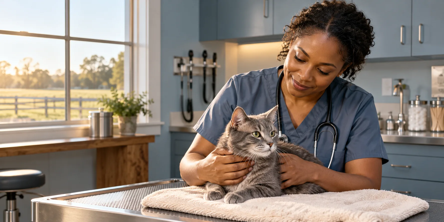 Dr. Price gently caring for a gray cat in a quiet exam room