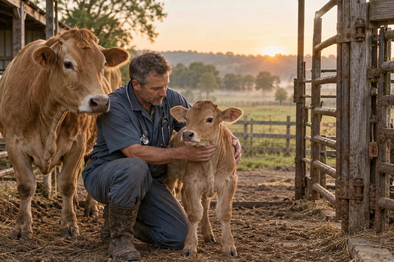 Dr. Barnett checking a calf at dawn on an Arkansas farm