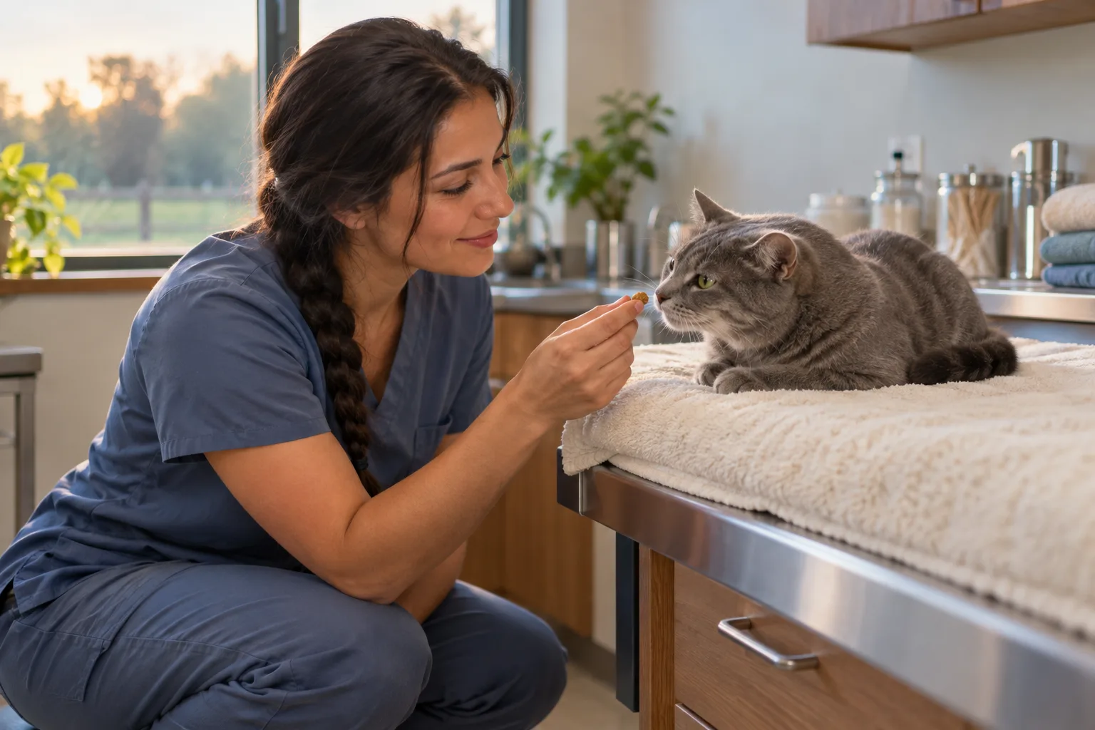A cat resting on a towel with a technician nearby