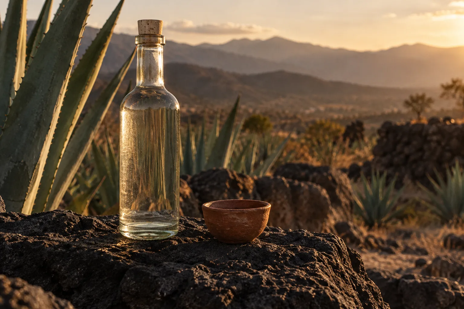 Clear mezcal bottle and clay cup on volcanic stone
