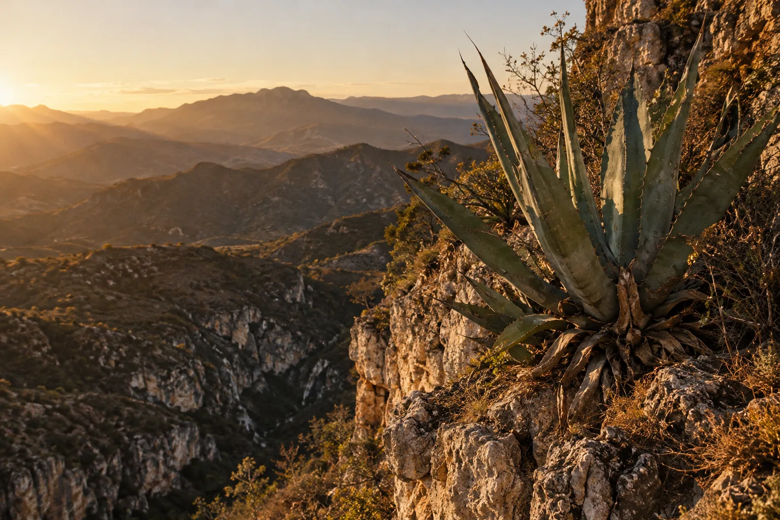 Wild Tepeztate growing on a limestone cliff in golden mountain light