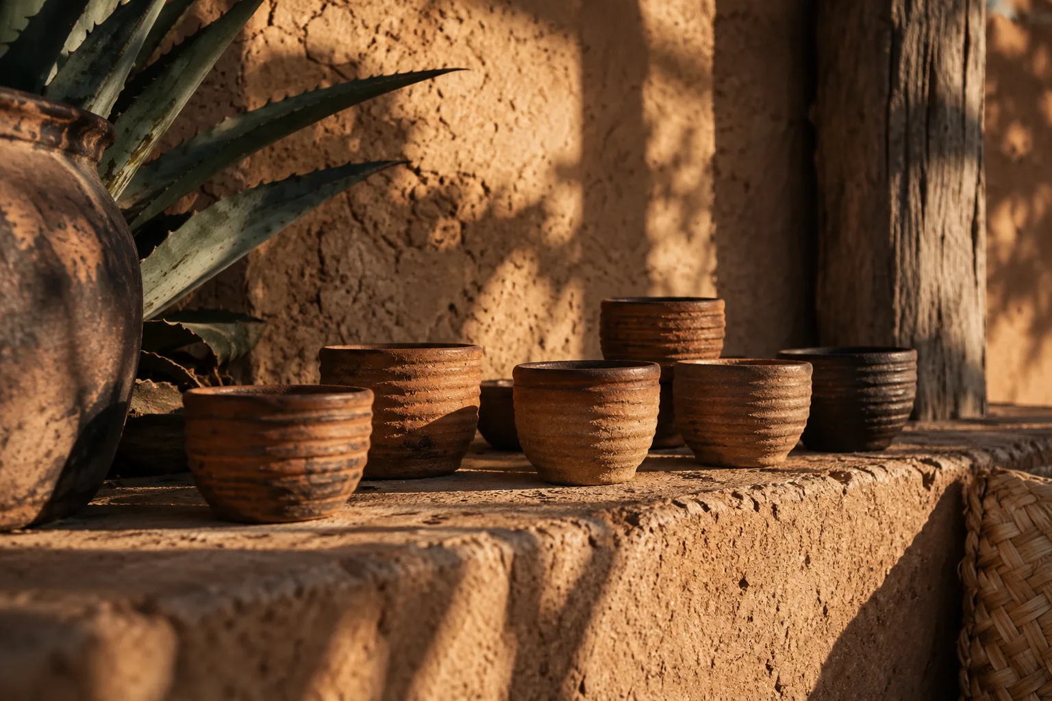 Hand thrown clay copitas on an adobe shelf