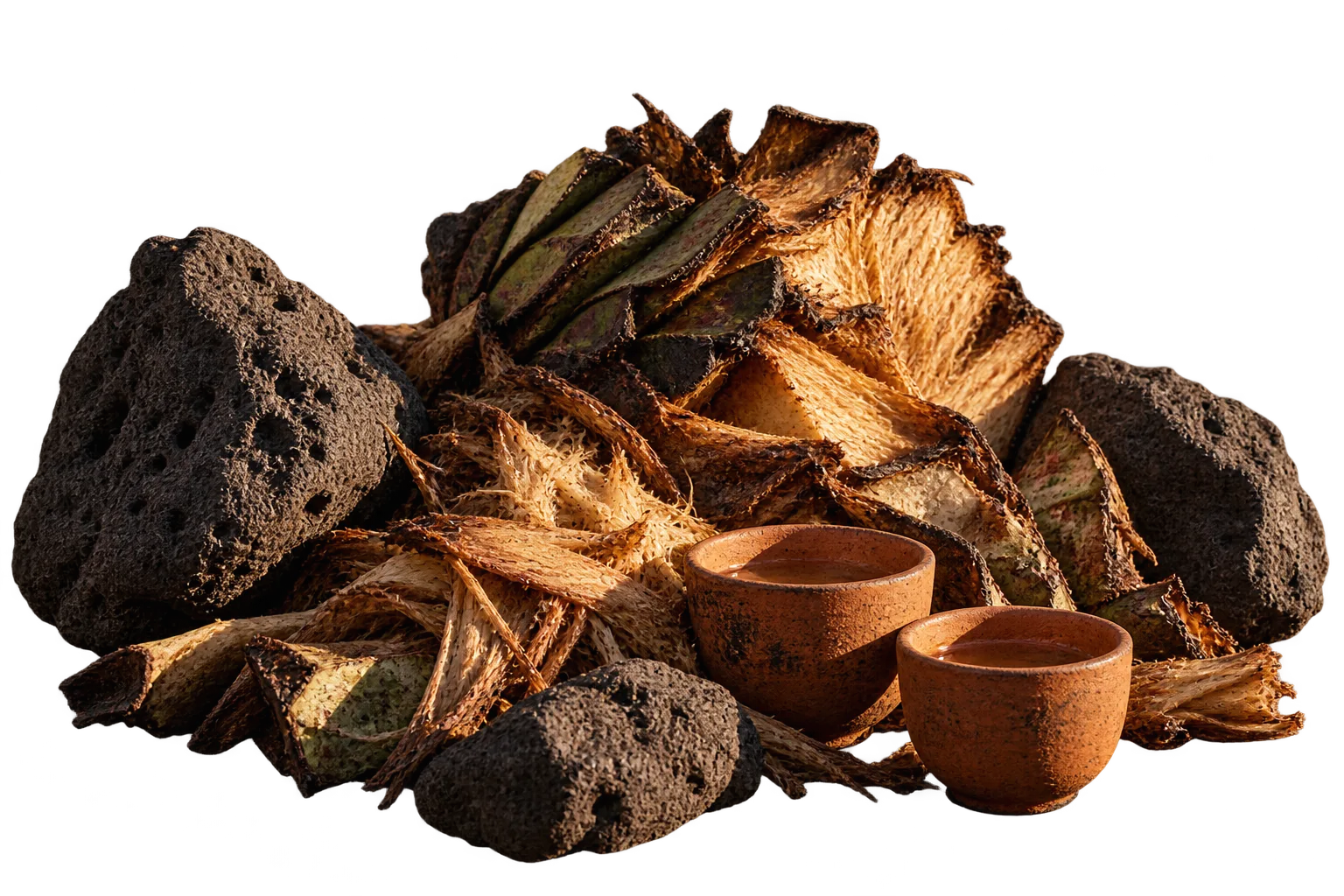 Roasted agave fibers, basalt and clay copitas