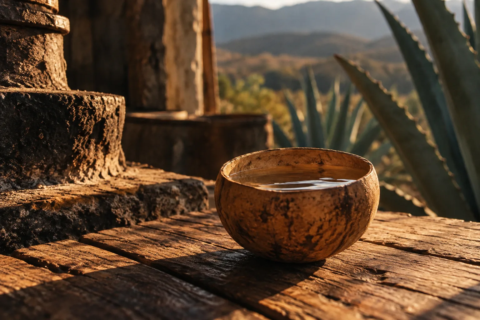 Jícara tasting gourd on worn wood