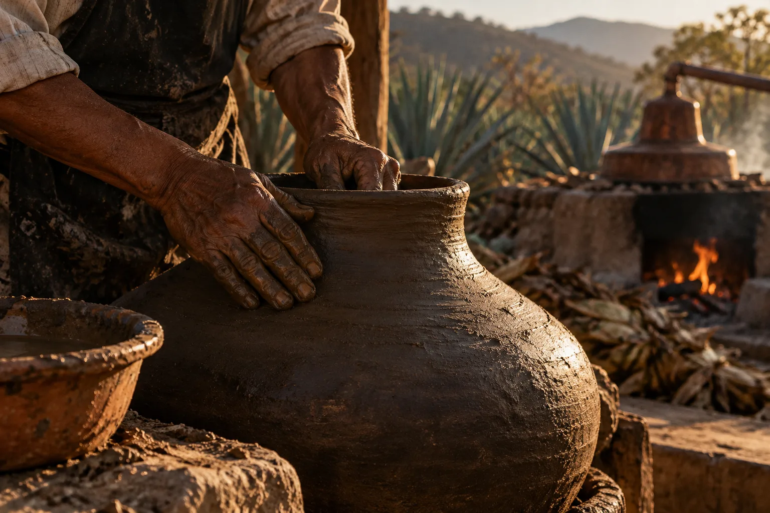 Weathered hands shaping a black clay pot