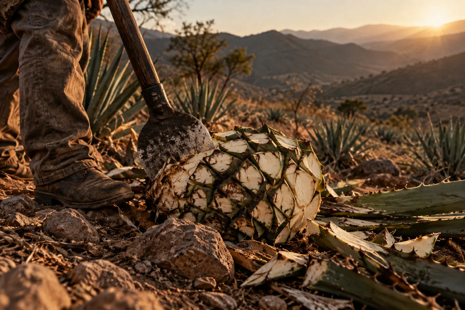 A freshly harvested agave piña and coa blade on dry ground