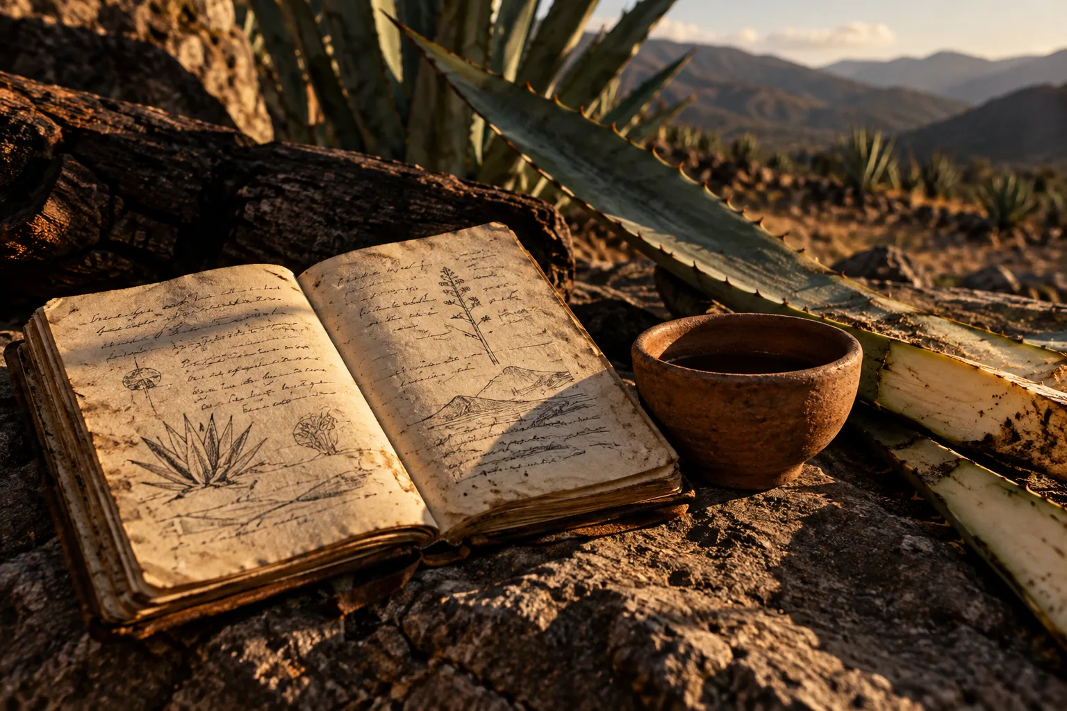 Field notebook beside clay cup and agave