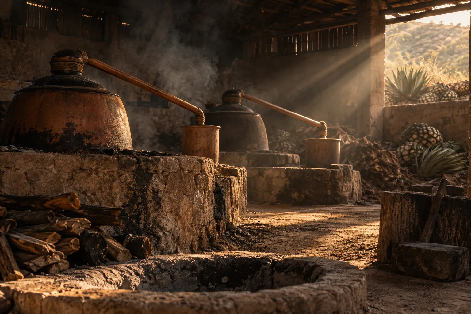 Smoky adobe palenque with clay distillation pots