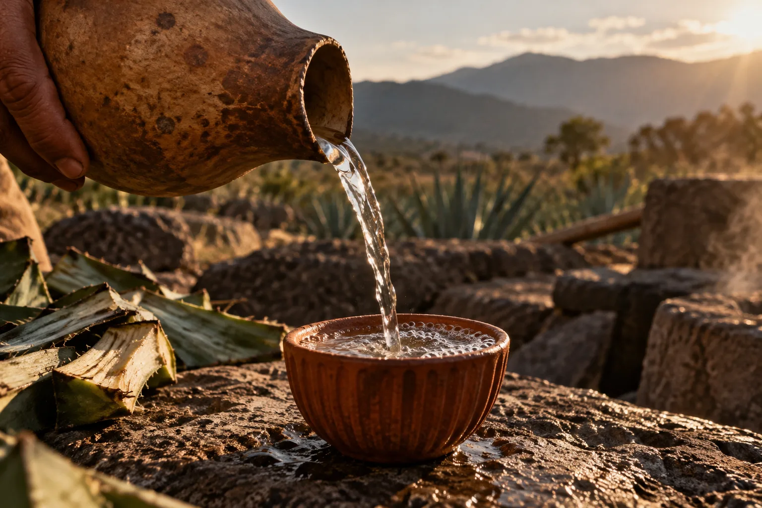 Mezcal poured from a gourd into a clay copita