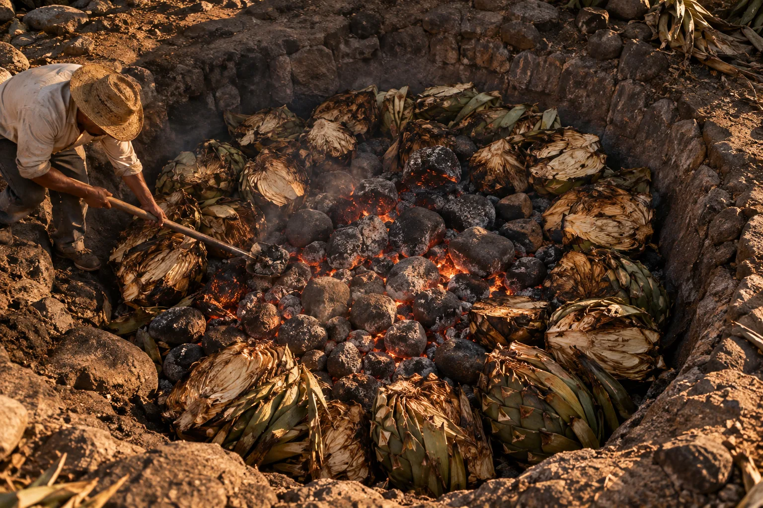Glowing volcanic stones and agave in an underground roast pit