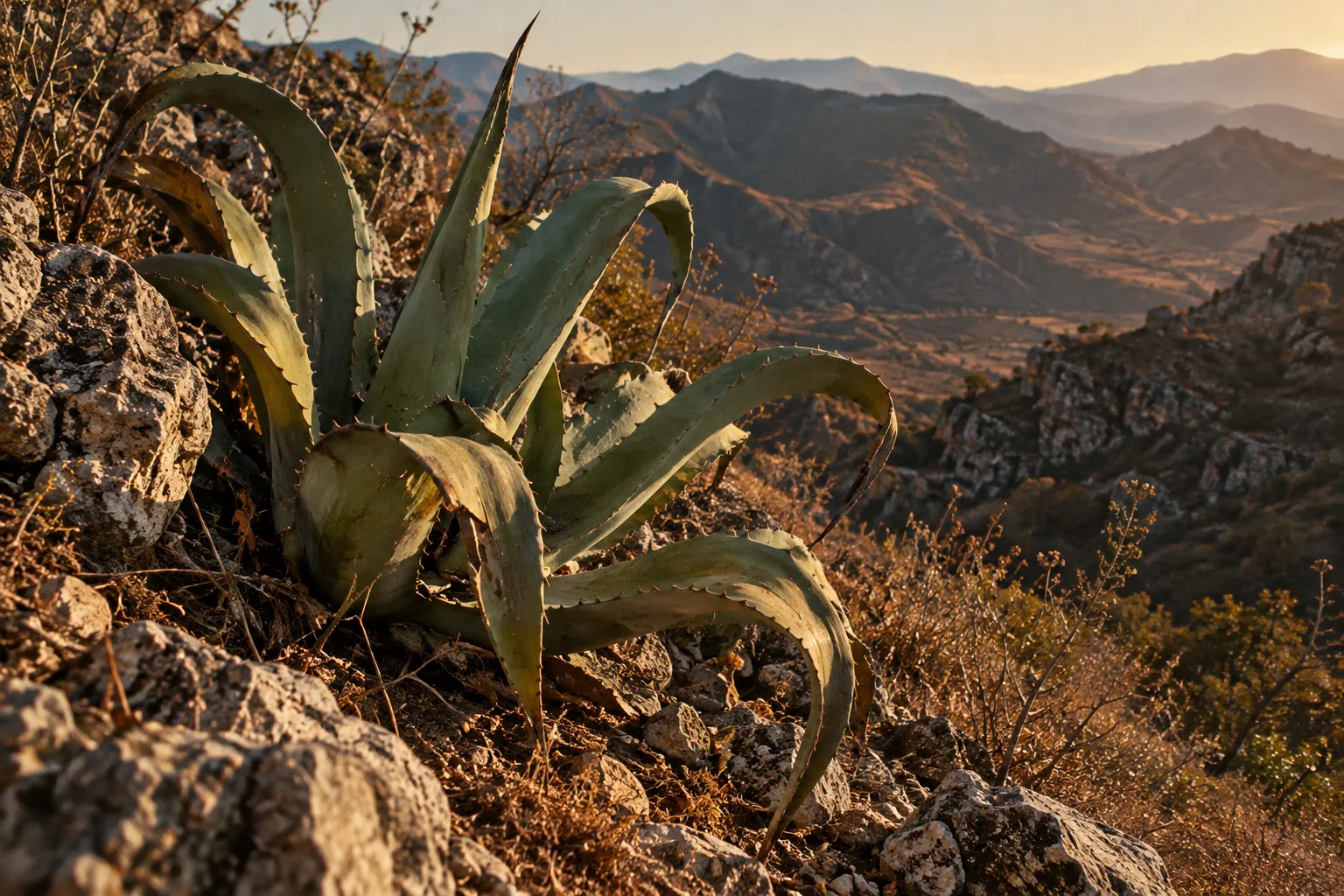 Wild Tepeztate agave growing among limestone rocks