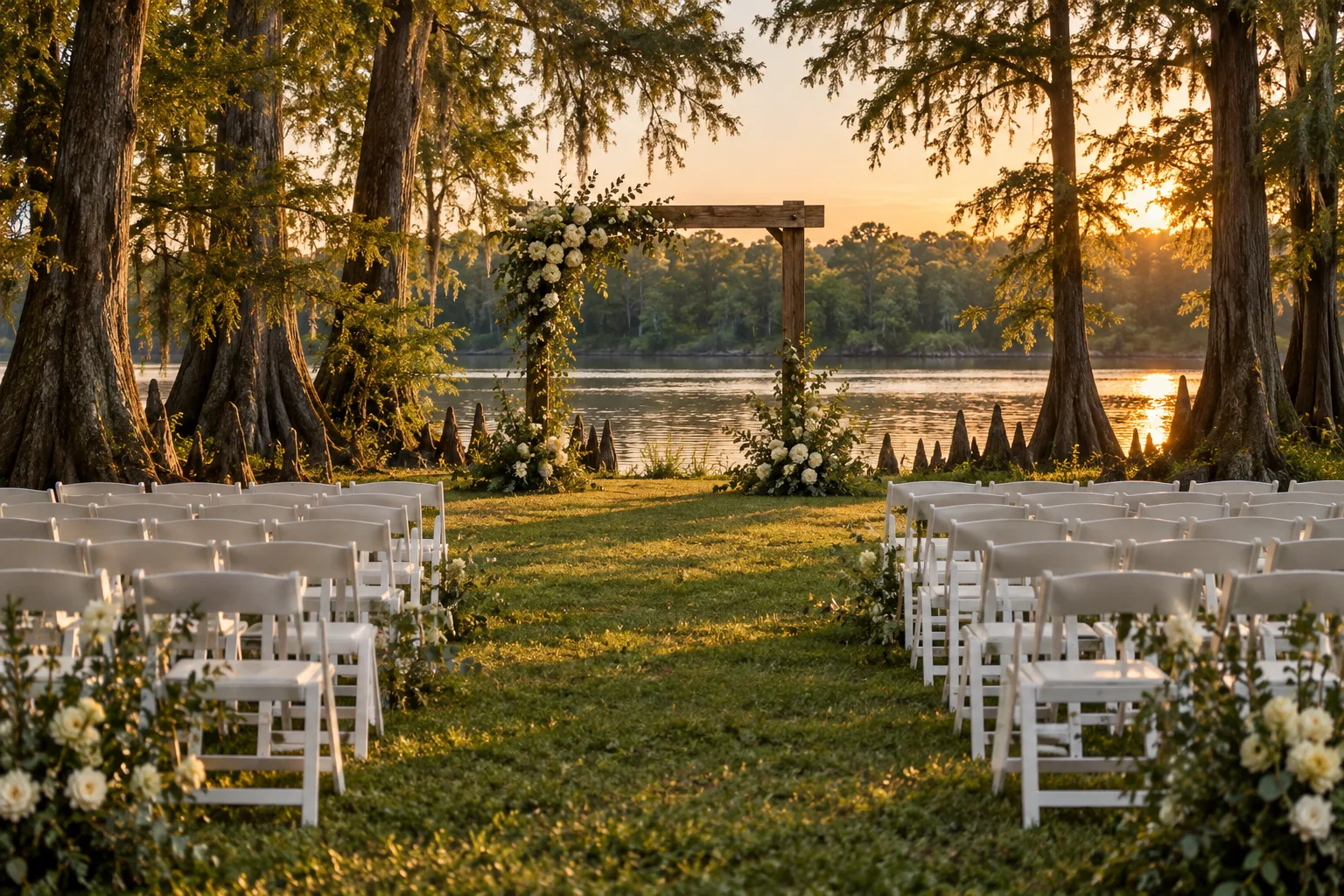 The grass aisle between white chairs leads to a flower-dressed arbor beside the White River.