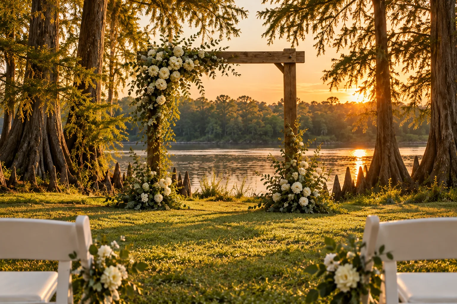 The front row of chairs frames the arbor in the sunset cypress grove.