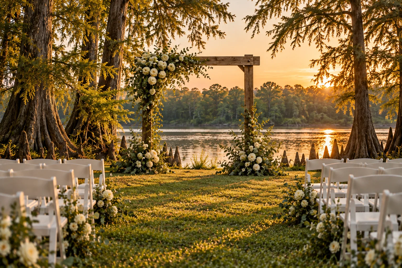 Halfway down the same aisle, the cypress arbor and river grow closer.