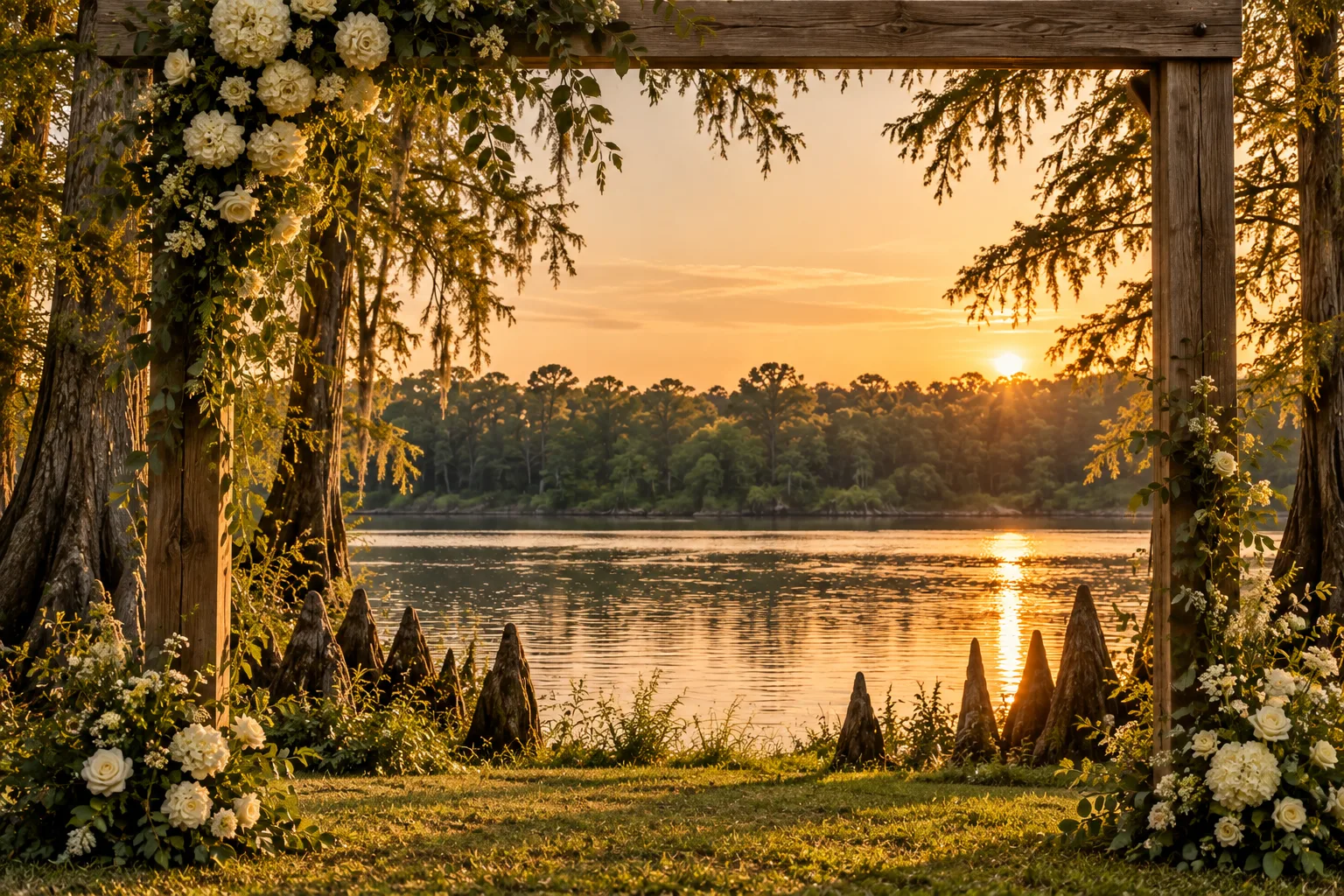 From the arbor, the White River glows between timber posts and ivory flowers.