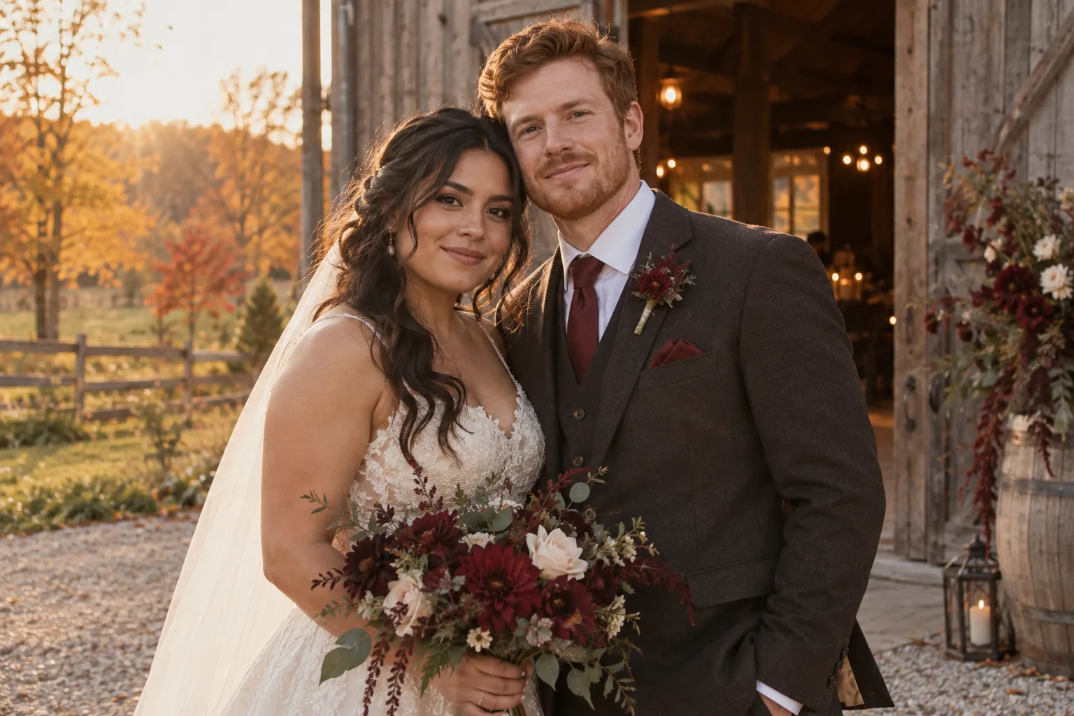 A couple with a burgundy bouquet by the barn in autumn.