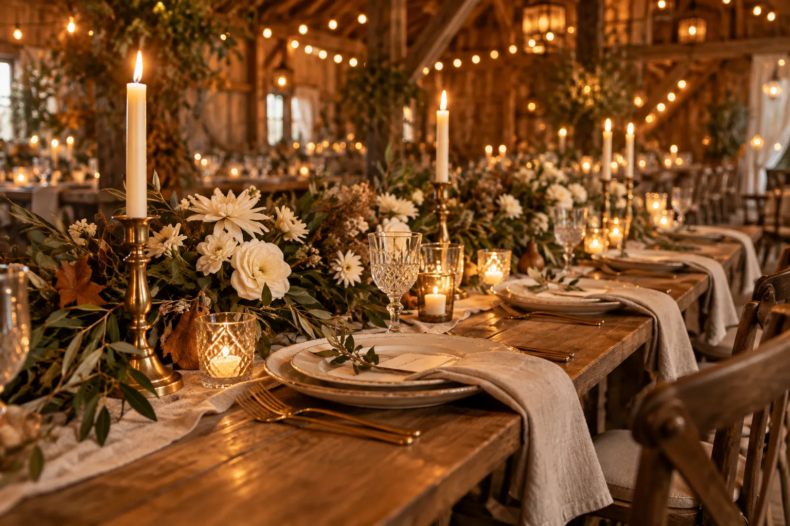 An autumn farm table with brass candles and olive greenery.