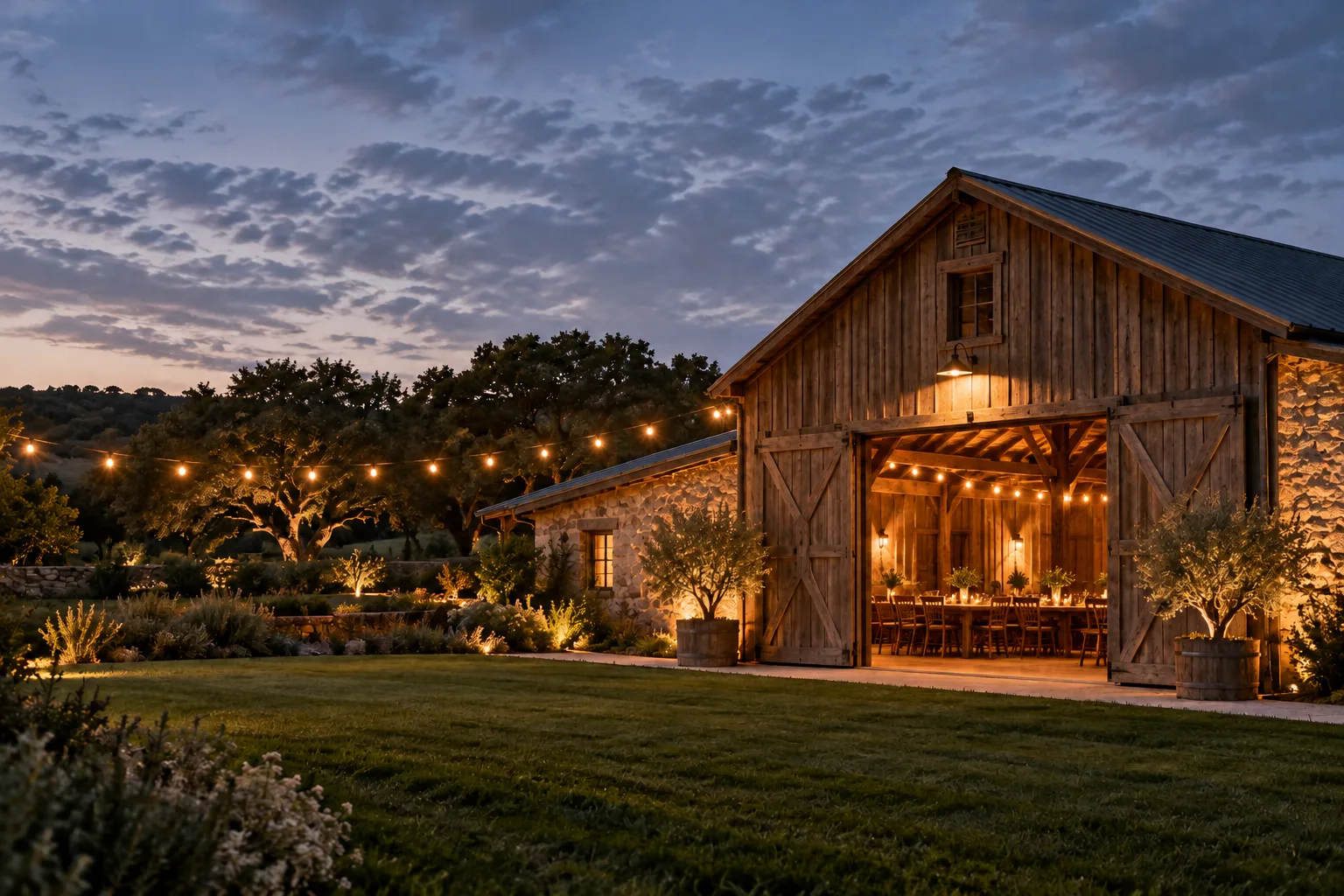 The reception barn and its open doors glow warmly at dusk.