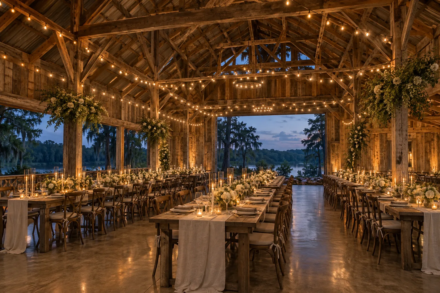 Long farm tables and candles under string lights in the timber reception barn.