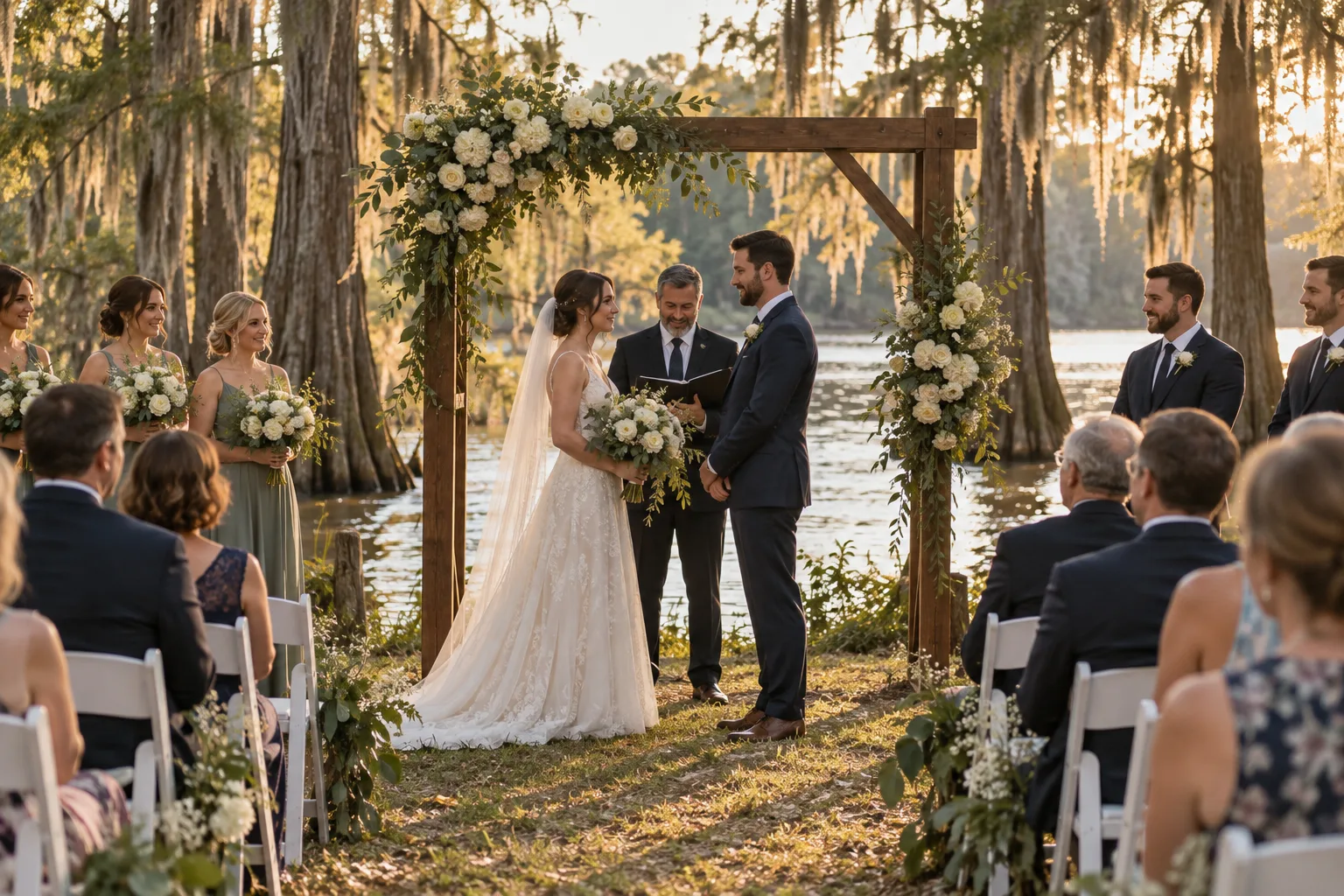 A couple exchange vows at the arbor as guests watch from white chairs.