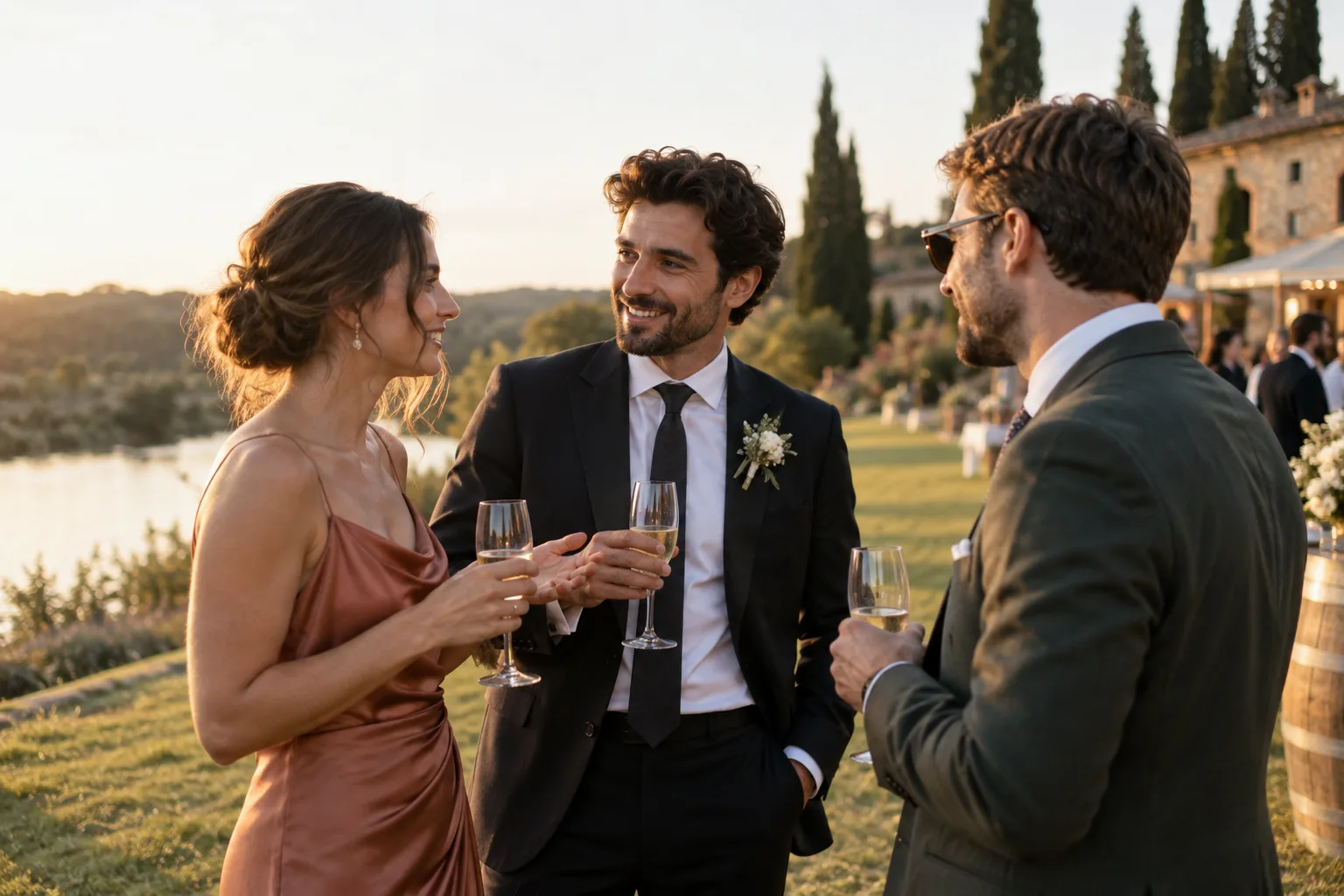 Three wedding guests chat on the lawn in the afternoon light.