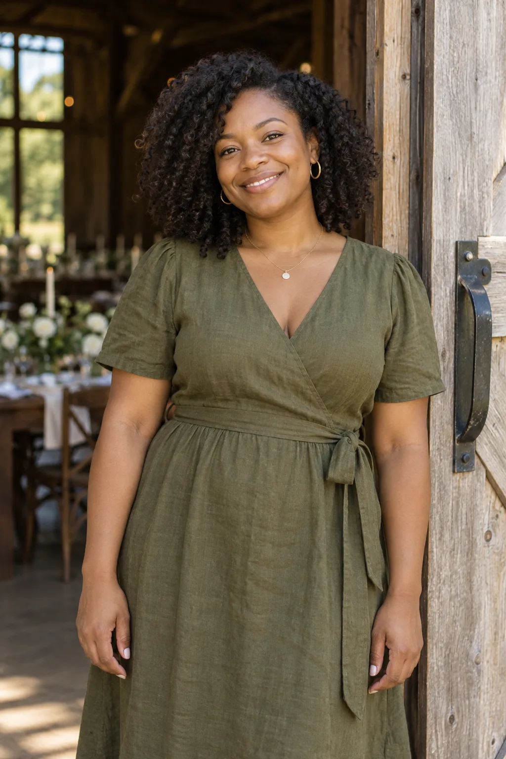 Leah Morgan, the wedding day coordinator, at the barn entrance.