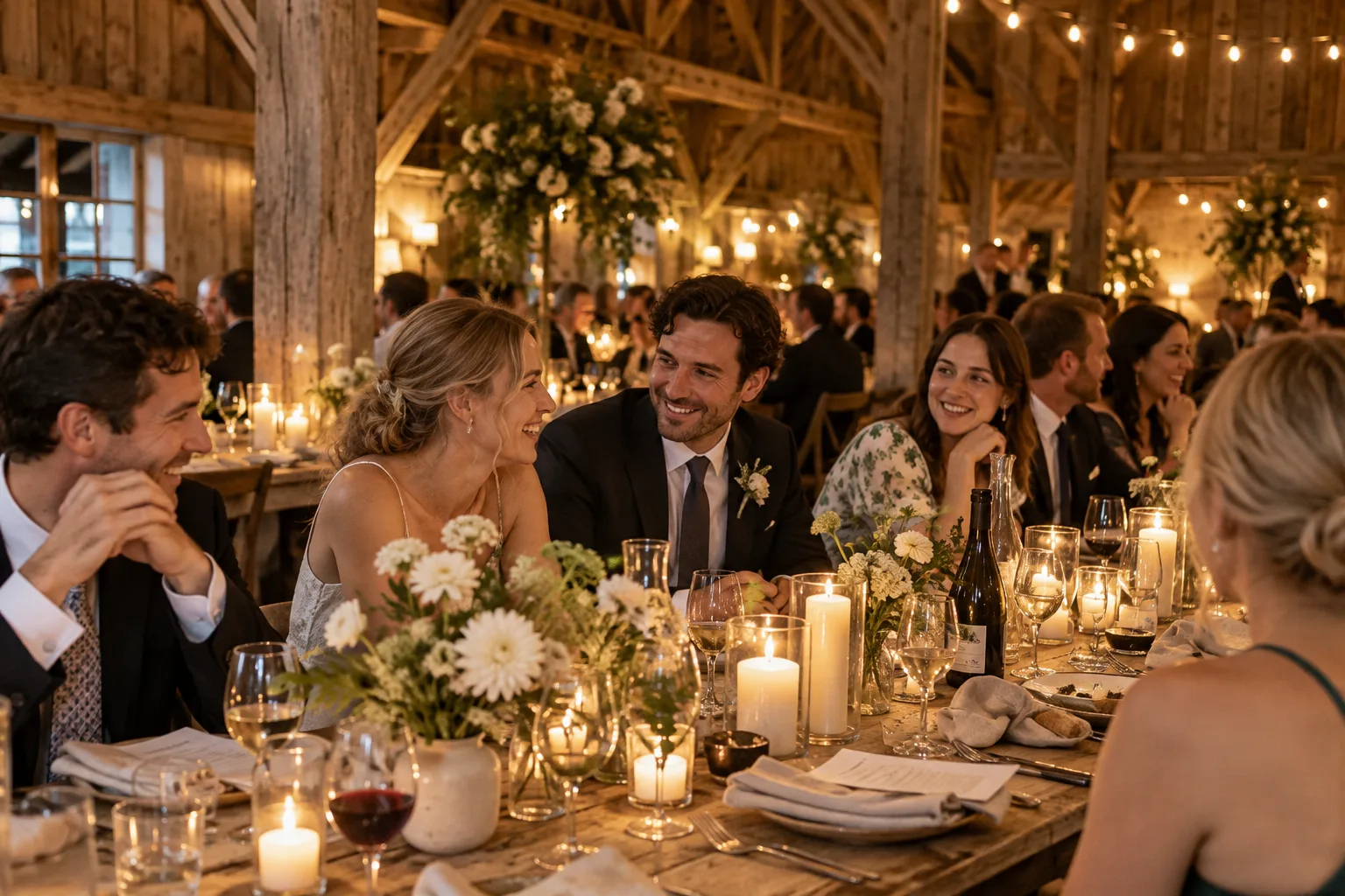 Wedding guests share dinner at a candlelit farm table in the barn.