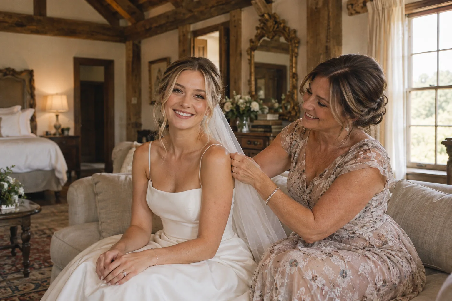 A bride and her mother finishing the veil in the dressing suite.