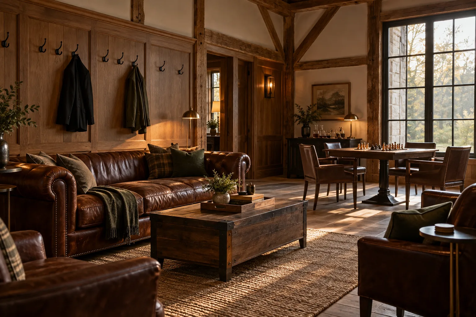 Leather sofas and oak paneling in the groom’s lounge.