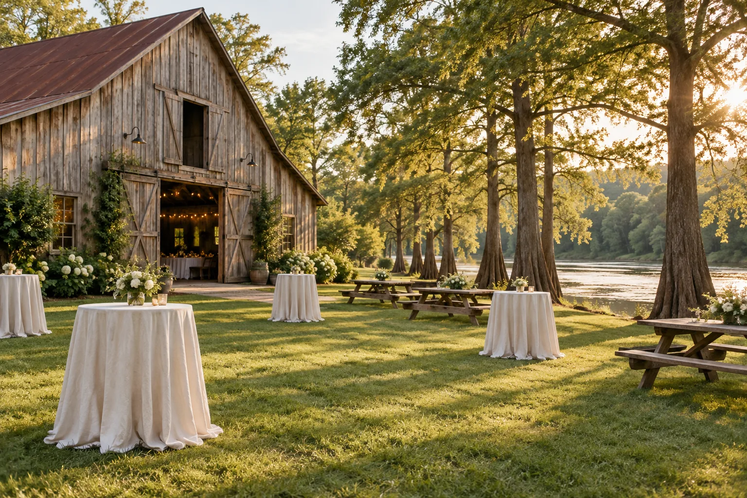 Cocktail tables on the grassy lawn between the barn and the river.