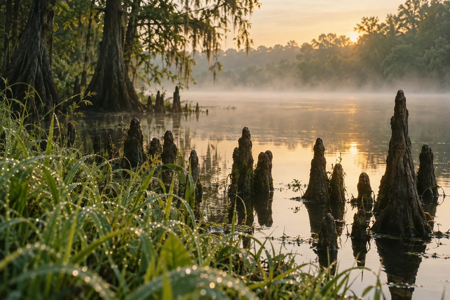 Cypress knees beside the misty White River and dew-covered grass.