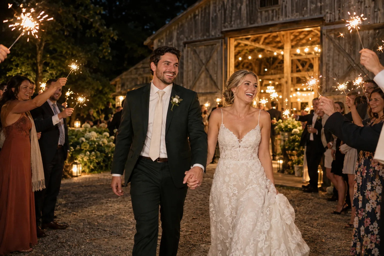 A couple leave the barn through guests holding sparklers after dark.