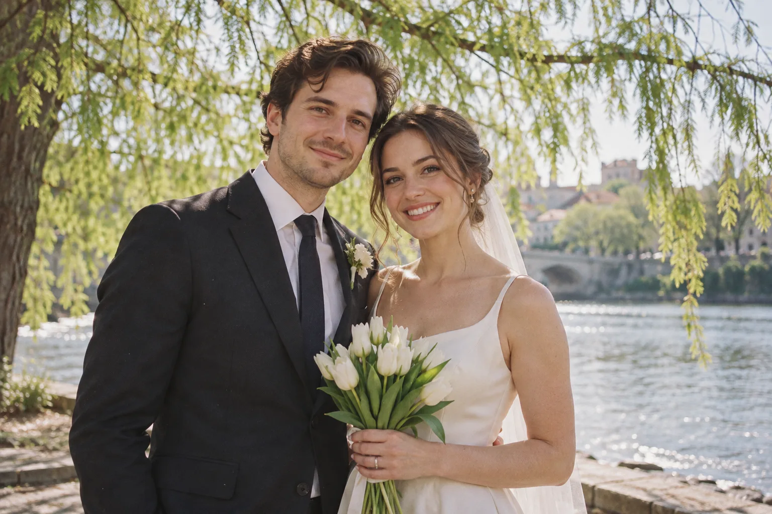 A couple with a tulip bouquet beneath the spring cypress leaves.