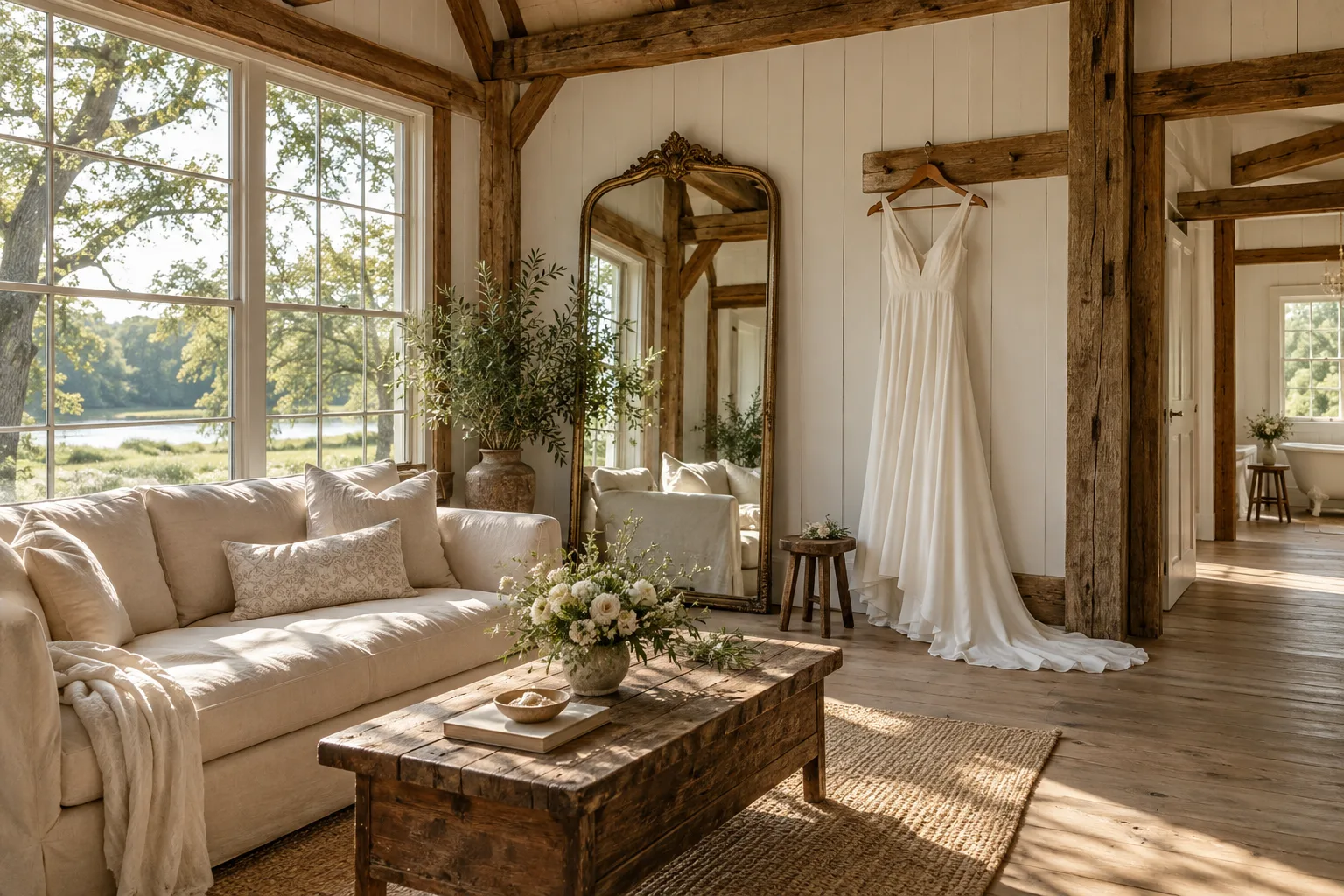 A linen couch, antique mirror and wedding dress in the bright bridal suite.