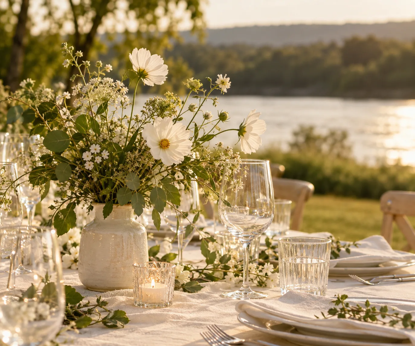 White cosmos, linen and glasses on a summer lawn reception table.