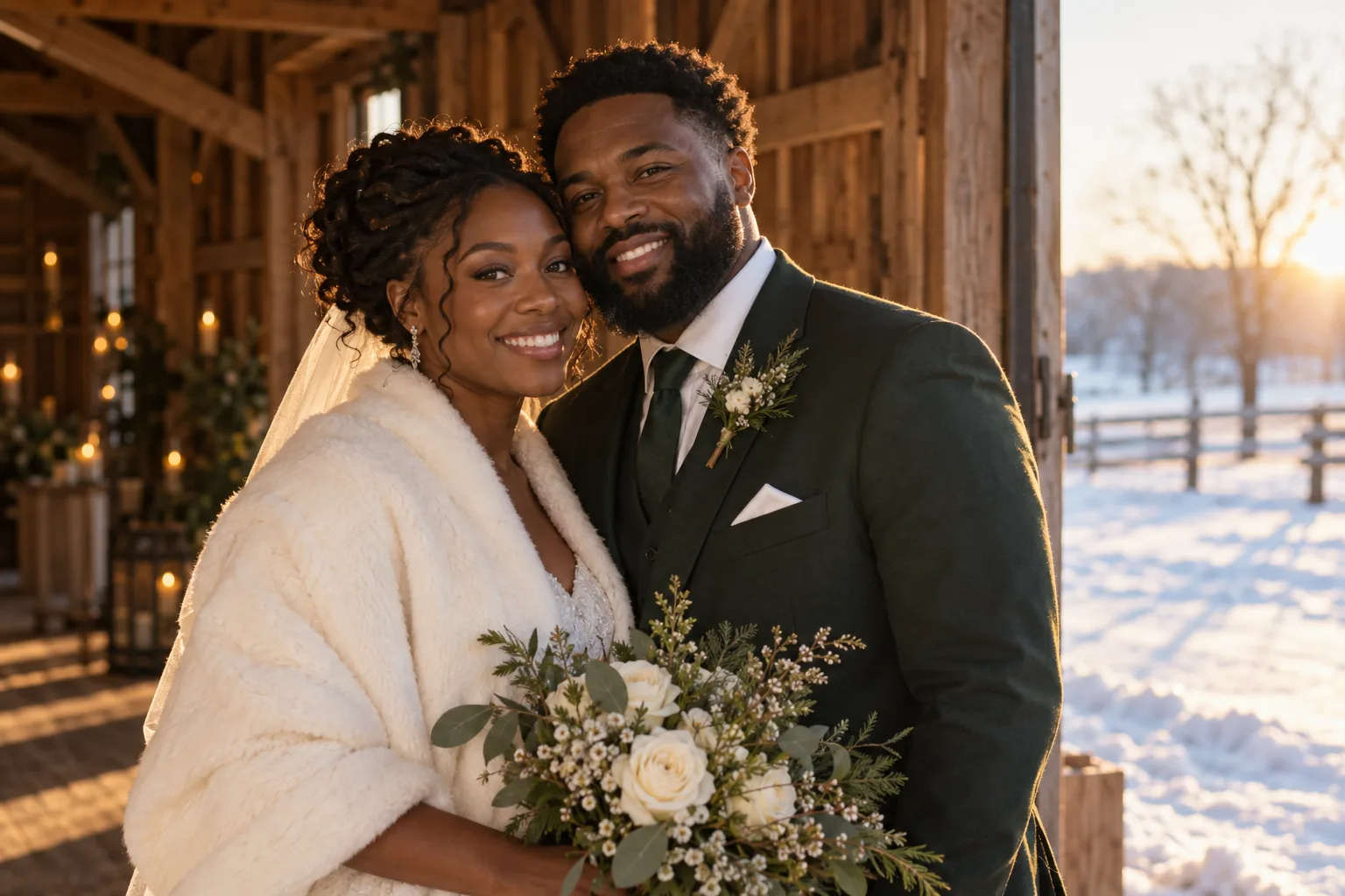 A couple in a white shawl and green suit in the winter barn doorway.