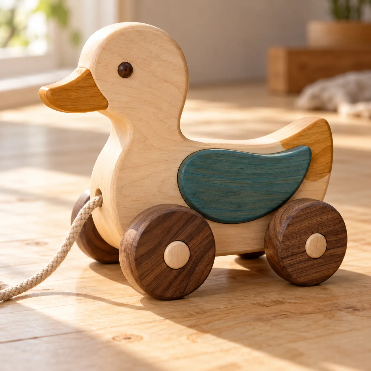 Rounded maple body and walnut wheels of a wooden duck